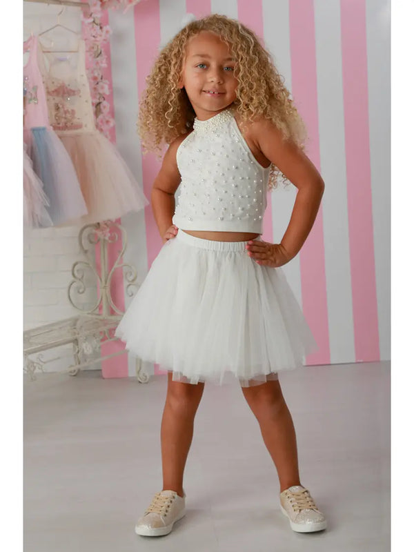 Kenna 2-Piece Girls’ Pearl Embellished Top and Tulle Skirt Set – Elegant 2-Piece Outfit for Parties & Special Occasions, Sizes 12M-14